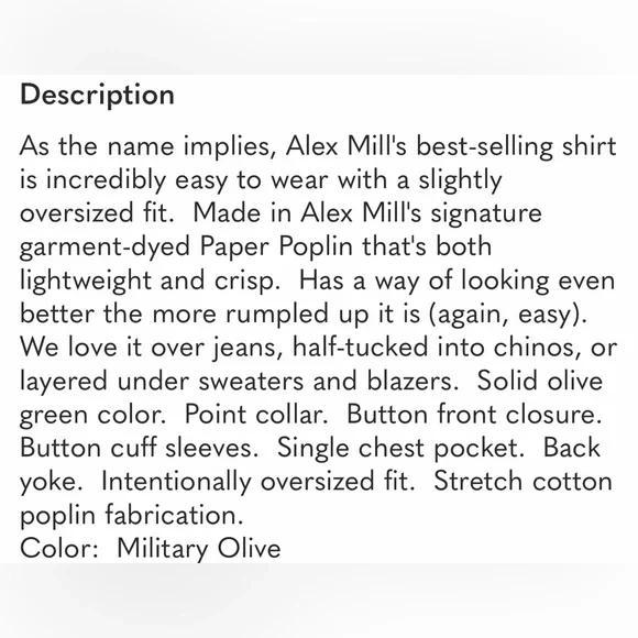 ALEX MILL NEW easy Shirt 100% Cotton - XL - Military Olive